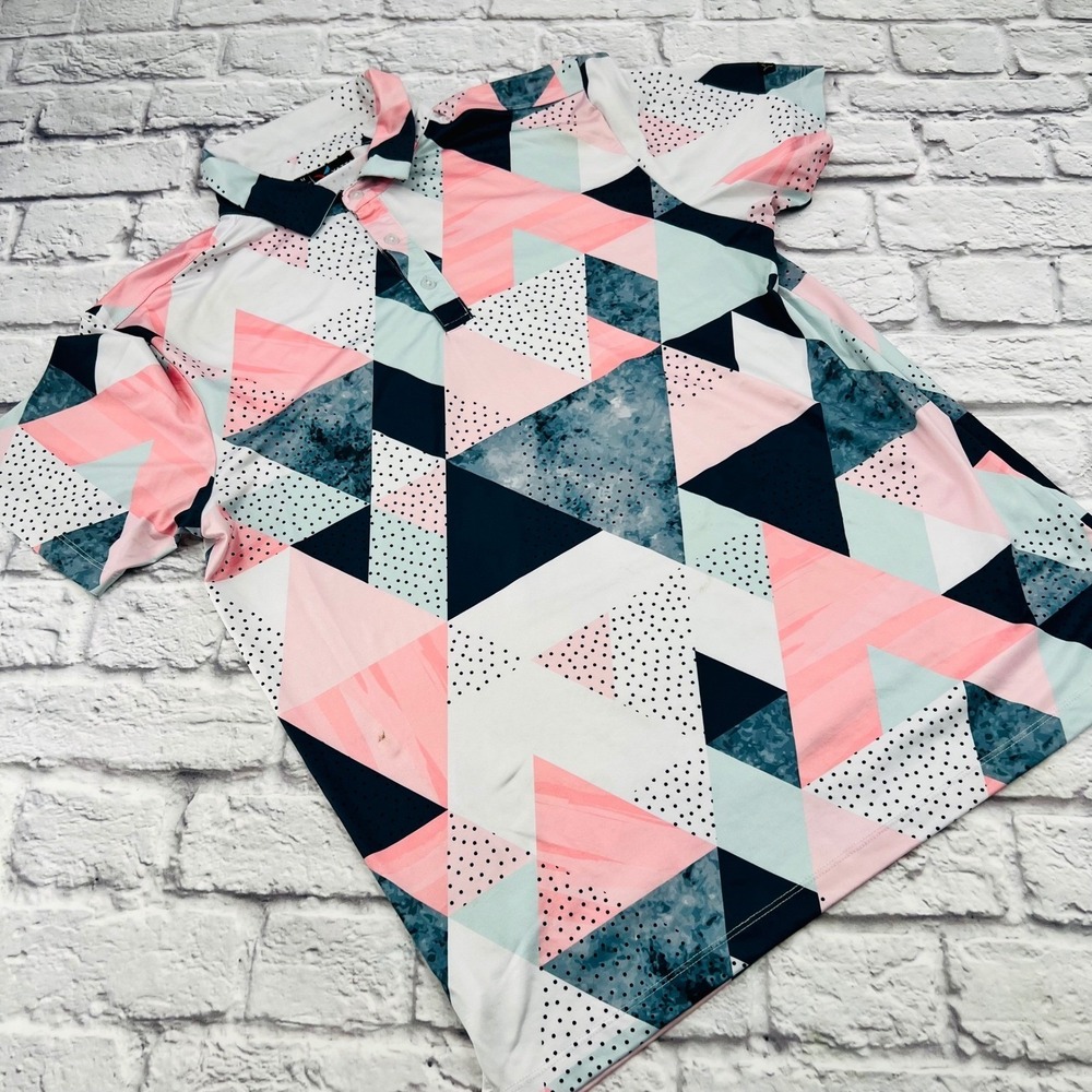 Yatta Golf Geometric Print Polo Shirt Mens Size M Pink White Gray Short Sleeve
